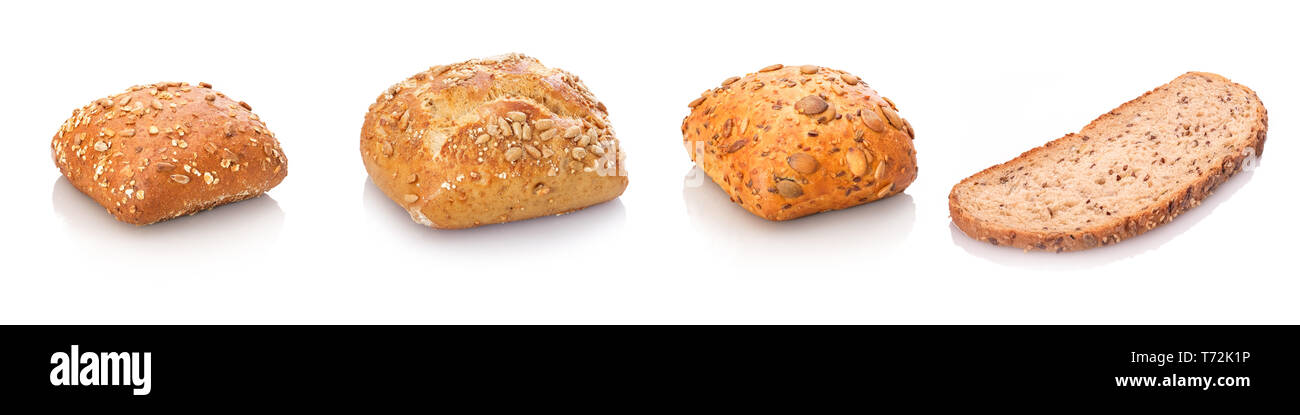 Vollkorn Brötchen und Brot in einer Reihe weiß isoliert Stockfoto