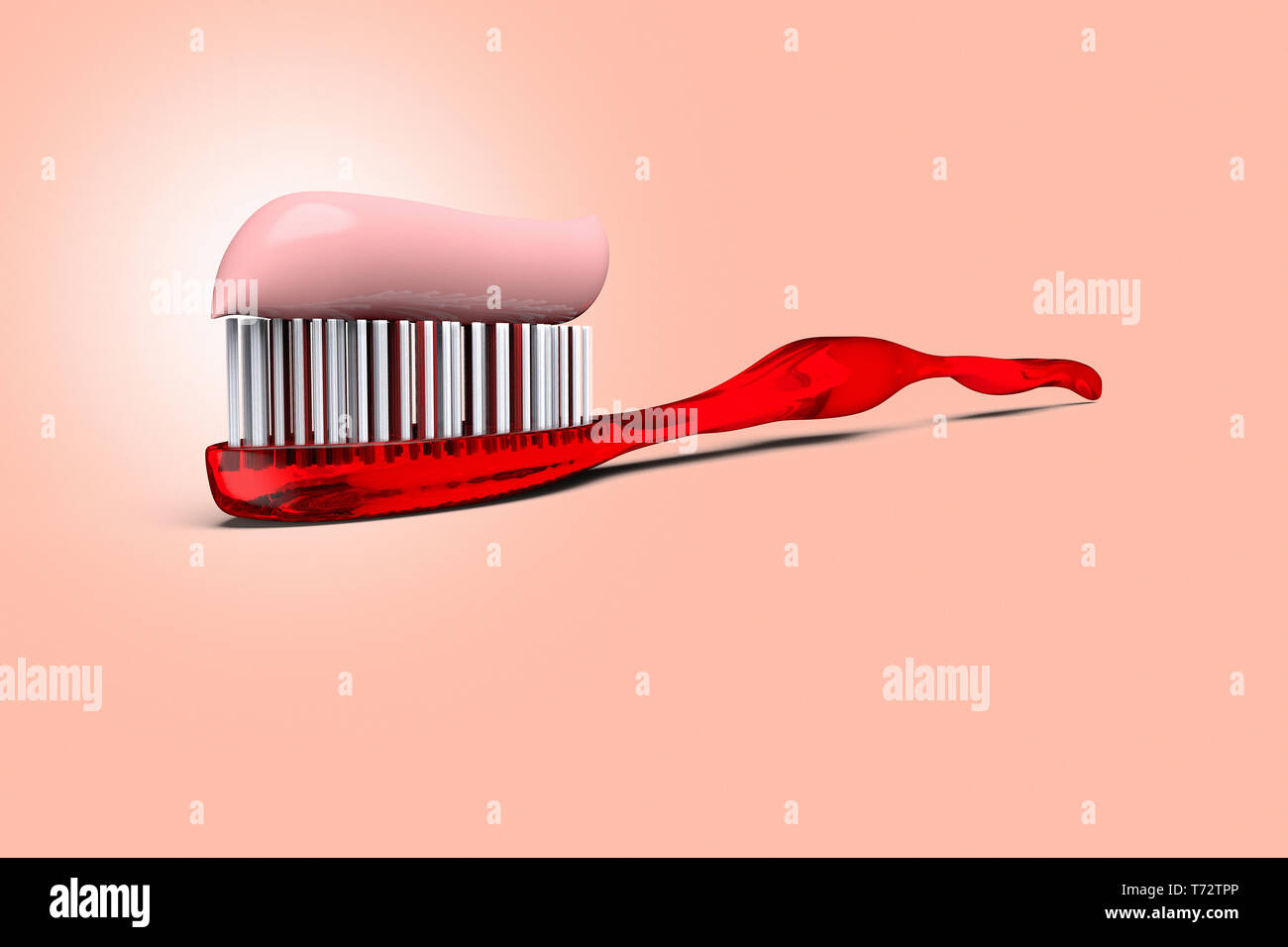 3D-Rendering eines roten Zahnbürste mit Zahnpasta auf rotem Hintergrund Stockfoto