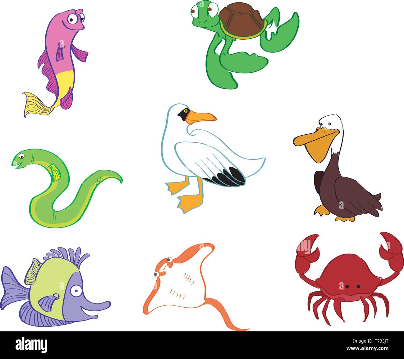 Eine Reihe von verschiedenen Meerestiere auf weißem Hintergrund Stock Vektor