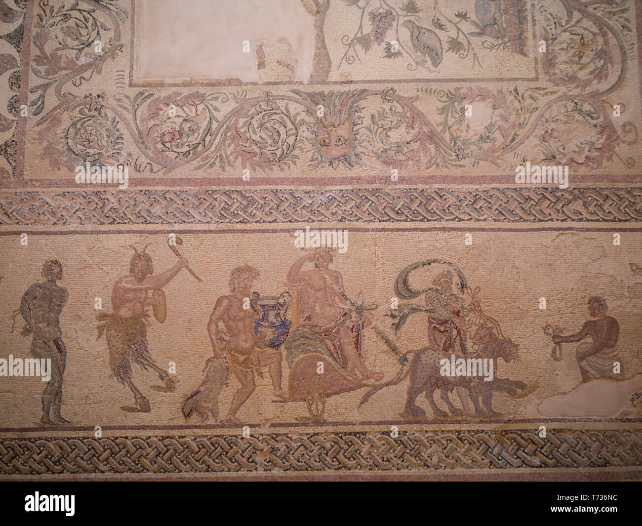 Der Triumph des Dionysos-Mosaiks aus dem Haus des Dionysos in der archäologischen Stätte von Paphos Stockfoto