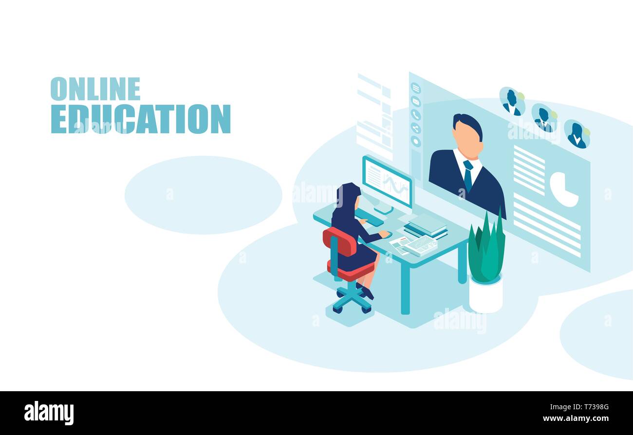 Online Training Konzept. Vektor eines Studenten hören zu einem Webinar auf einem Computer Stock Vektor