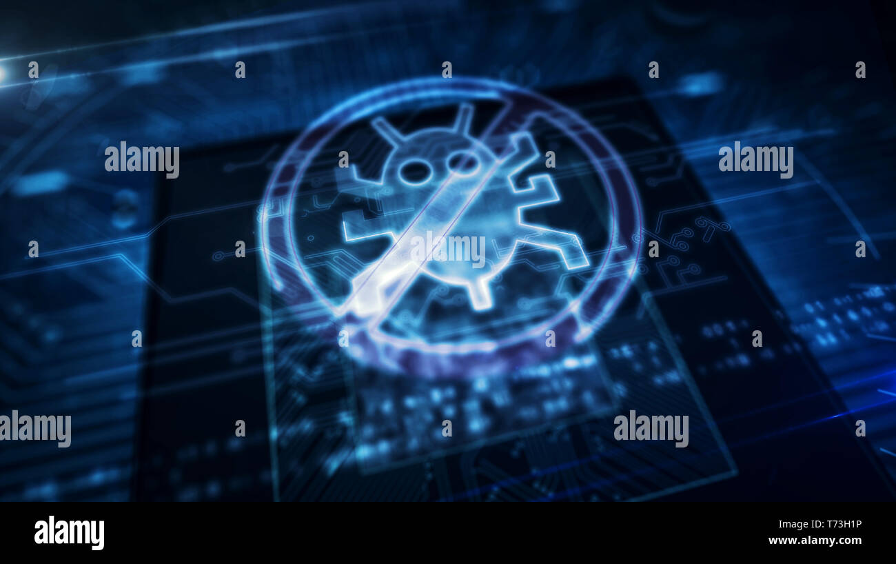 Digitale Schutzkonzept mit antivirus Hologramm Display über funktionierende cpu im Hintergrund. Cyber Sicherheit, Firewall, Wurm verbieten und Computer Sicherheit abstra Stockfoto