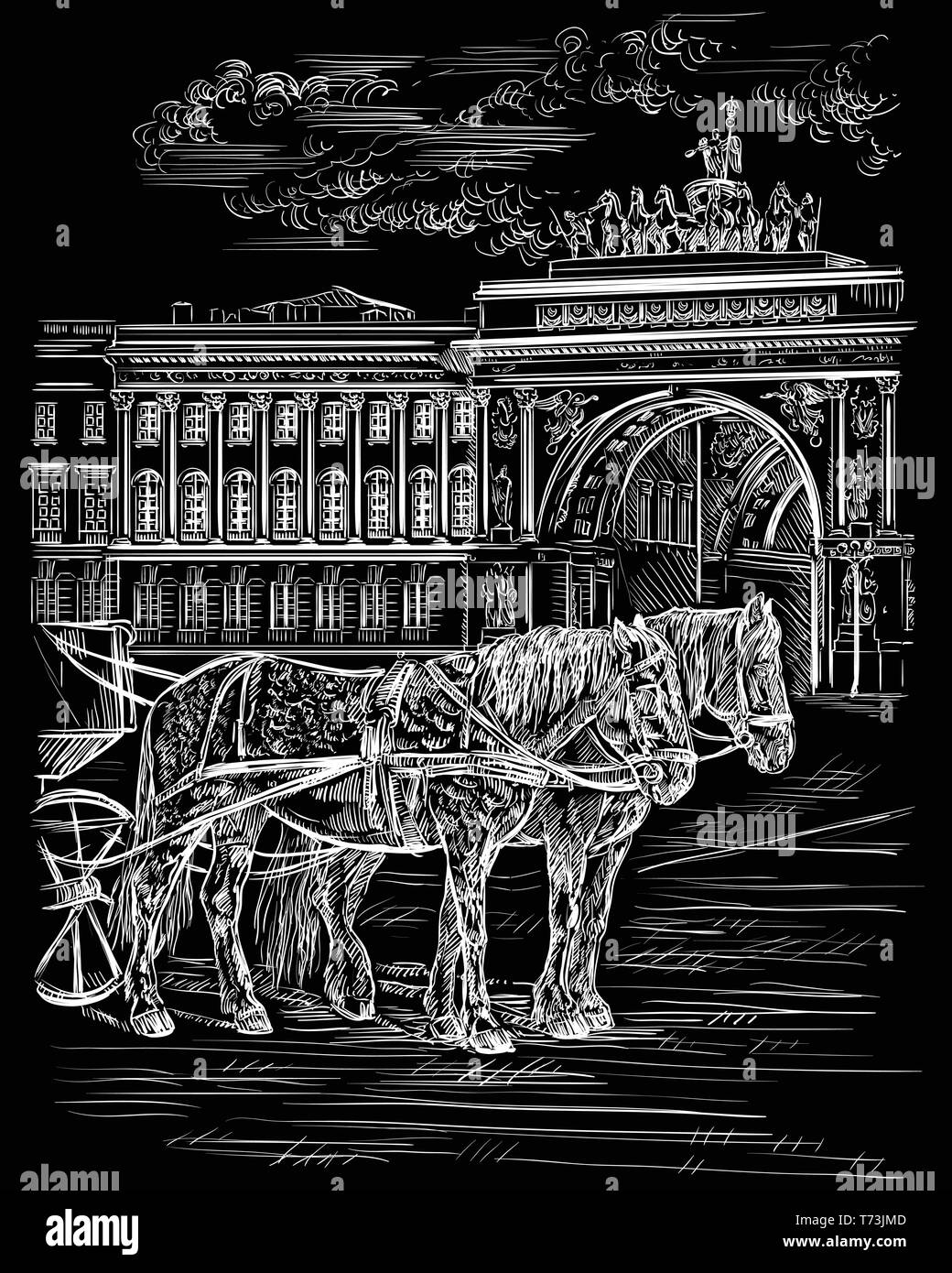 Blick auf zwei Pferde und Kutschen, der Triumphbogen auf dem Schlossplatz in Sankt Petersburg, Russland. Wahrzeichen von St. Petersburg. Isolierte Vektor hand Stock Vektor