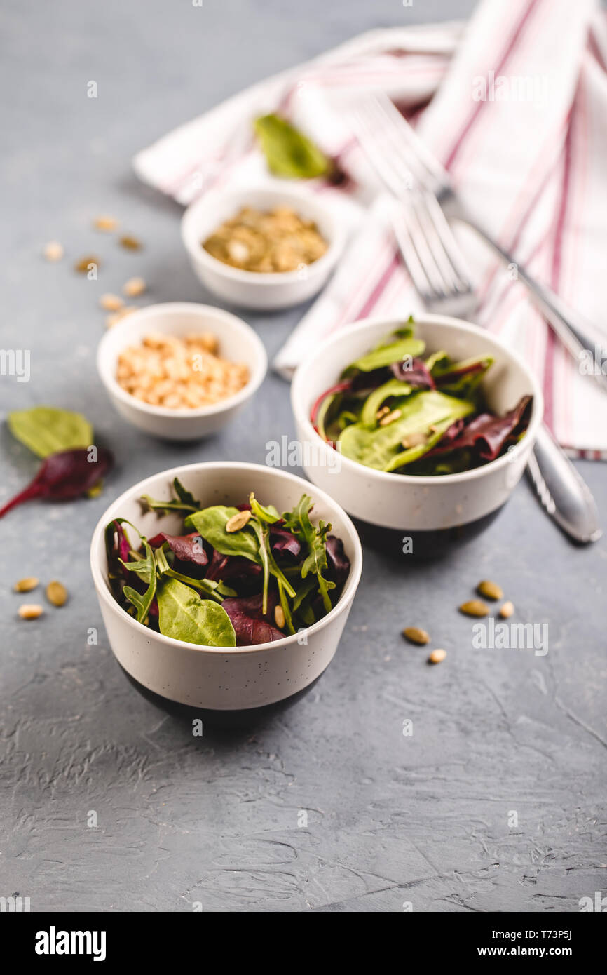 Frischer Salat Mischung aus Baby Spinat, Rucola Blätter und Mangold in zwei Schüssel, gesundes Essen Stockfoto
