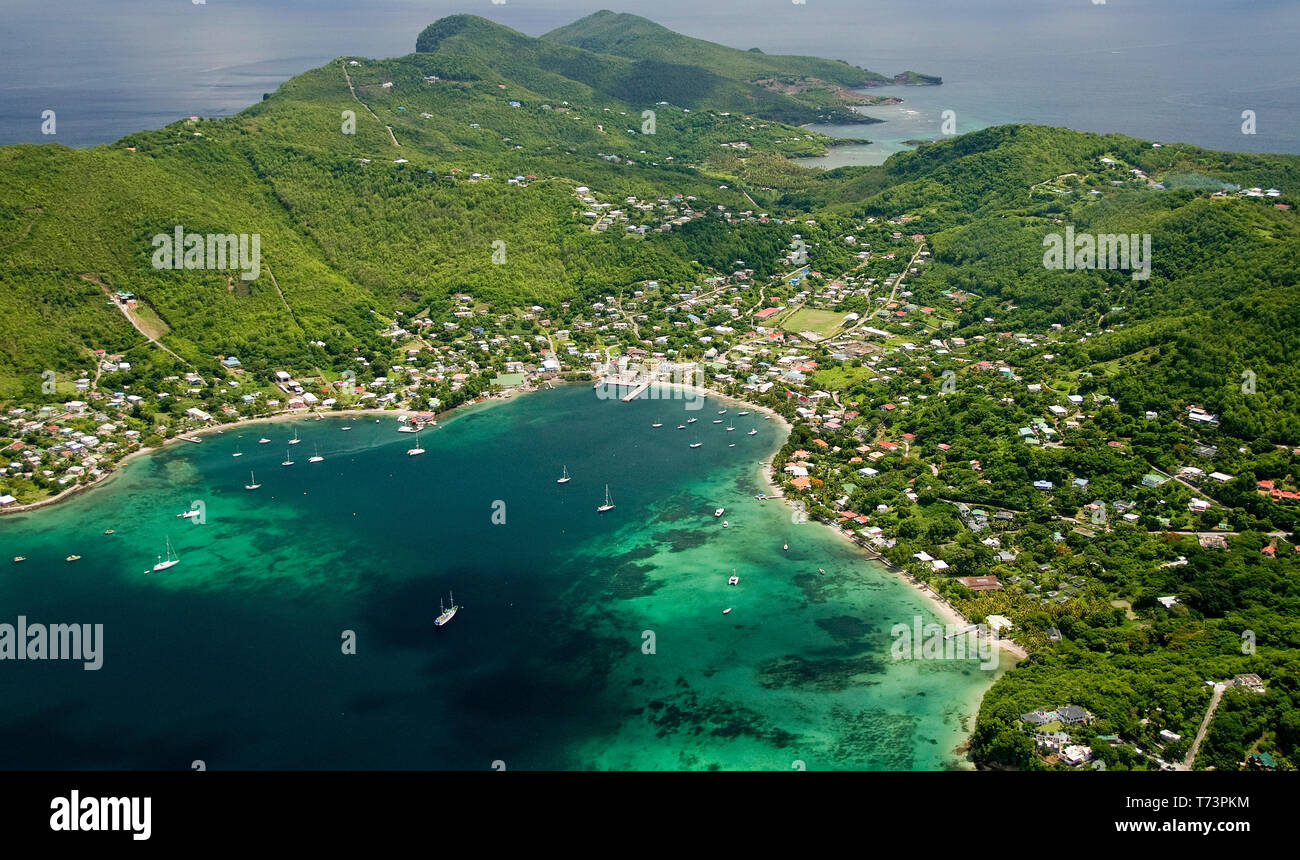 Luftaufnahme von Port Elizabeth, Bequia Hafen, Saint Viincent und die Grenadinen, Karibik Stockfoto