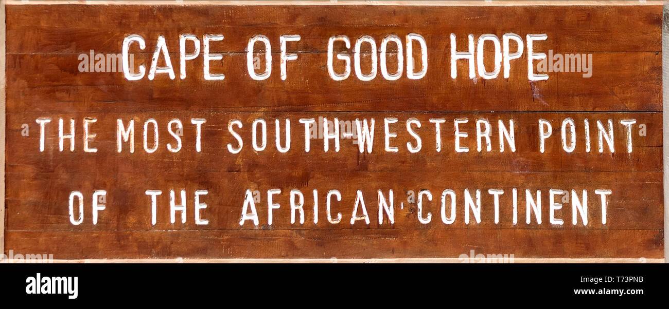 Schild am Kap der Guten Hoffnung, die am südwestlichen Punkt auf dem afrikanischen Kontinent, Western Cape, Südafrika Stockfoto