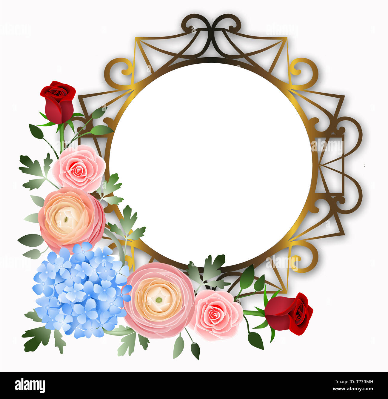 Runde Gold frame Dekoration mit peachy Ranunkeln, Blaue Hortensie, roten und rosa Rosen und Blätter Stockfoto