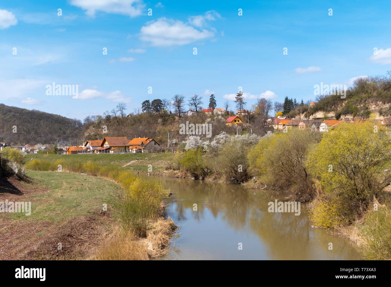 Frühling Landschaft mit dem Fluss Tarnava Mare laufen durch die Stadt von Sighisoara. Kleine Häuser mit orangefarbenen Dächer und blühende Bäume Stockfoto