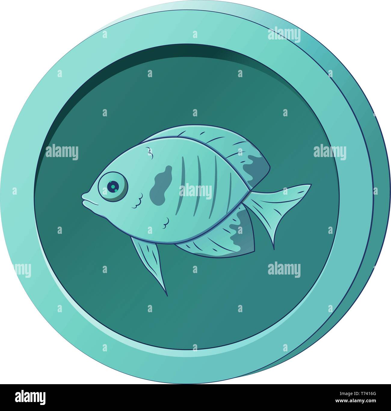 Cyan Münze mit dem Bild von einem Fisch. Vector Illustration für Game Design Stock Vektor
