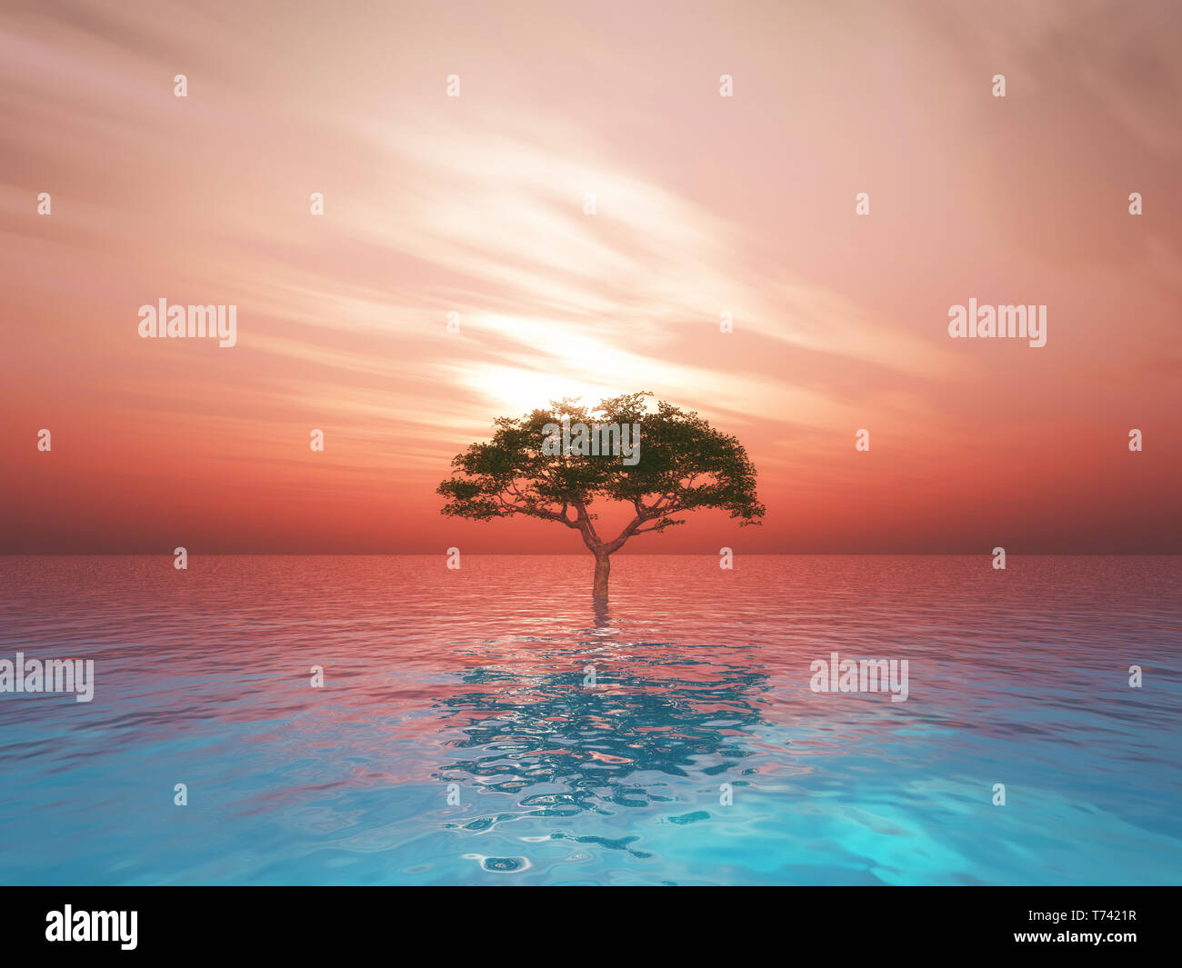 3D-Render einer Landschaft mit Baum im Meer gegen Sonnenuntergang Himmel Stockfoto