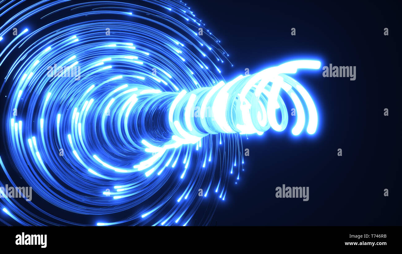 Blau Lichtwellenleiter Wirbel. Glas strings leuchten im Dunkeln. 3D-Darstellung Stockfoto
