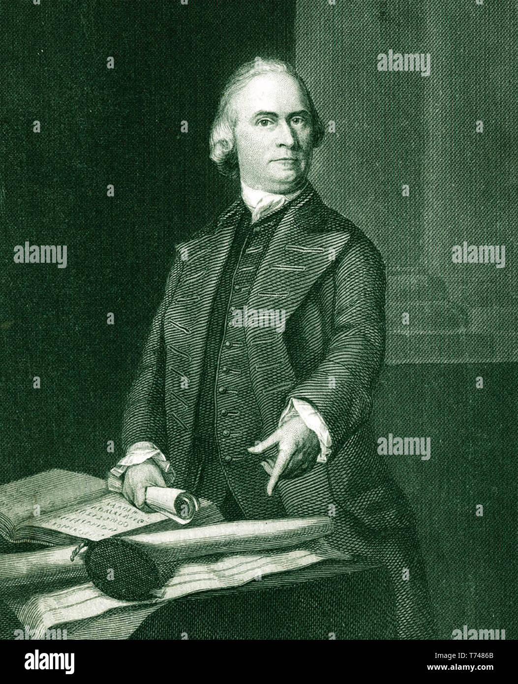 SAMUEL ADAMS (1722-1803) amerikanischer Staatsmann und Gründervater gezeigt am Massachusetts Charta in eine Gravur auf einem Portrait über 1772 basiert auf Stockfoto