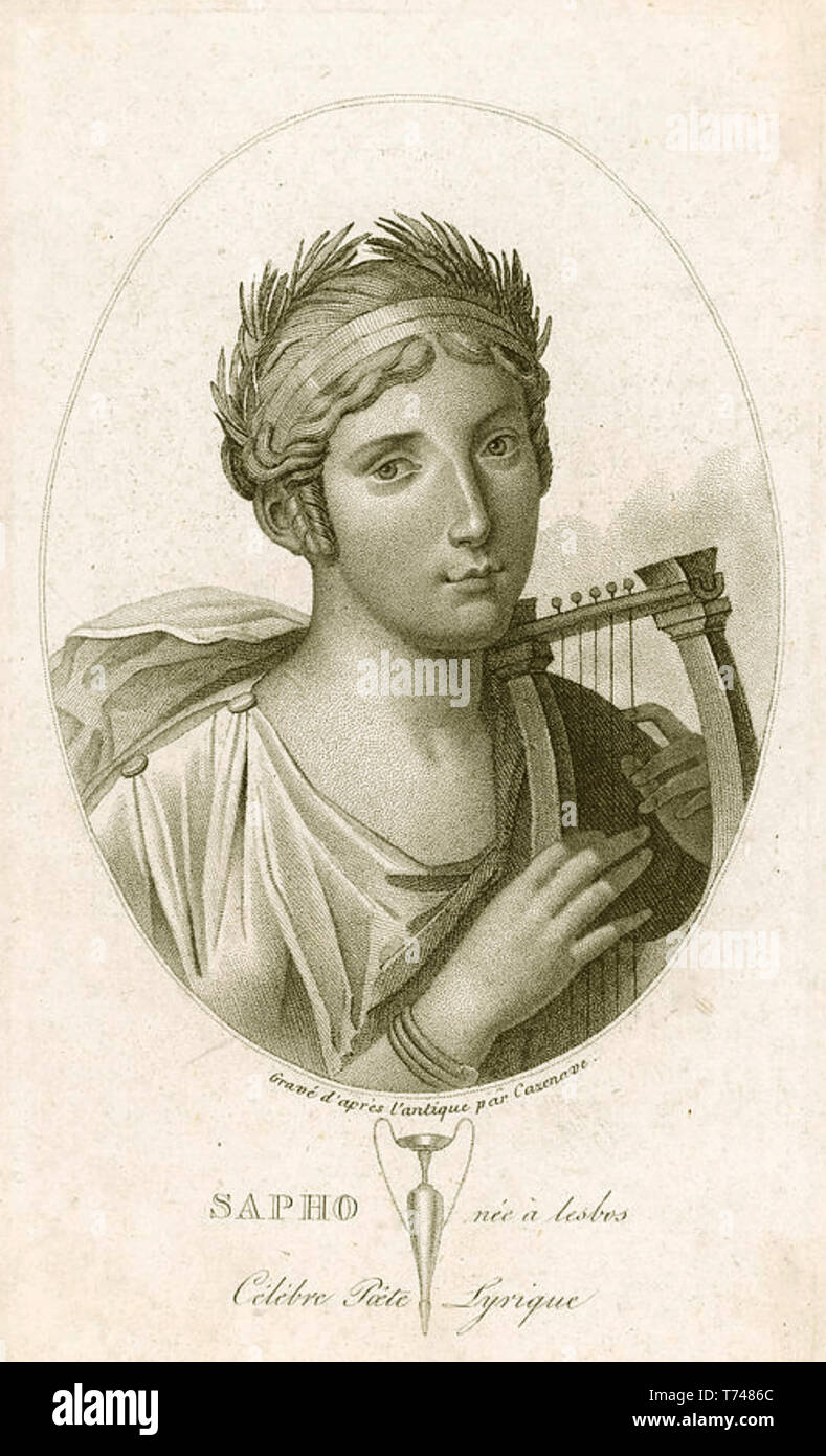 SAPPHO (c 630 - C 570 v. Chr.), griechischer Dichter, im 18. Jahrhundert vorstellen Gravur mit Ihrem Leier Stockfoto