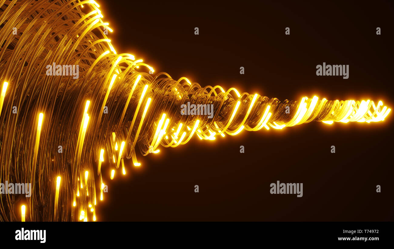 Gelbe Lichtwellenleiter Wirbel. Glas strings leuchten im Dunkeln. 3D-Darstellung Stockfoto