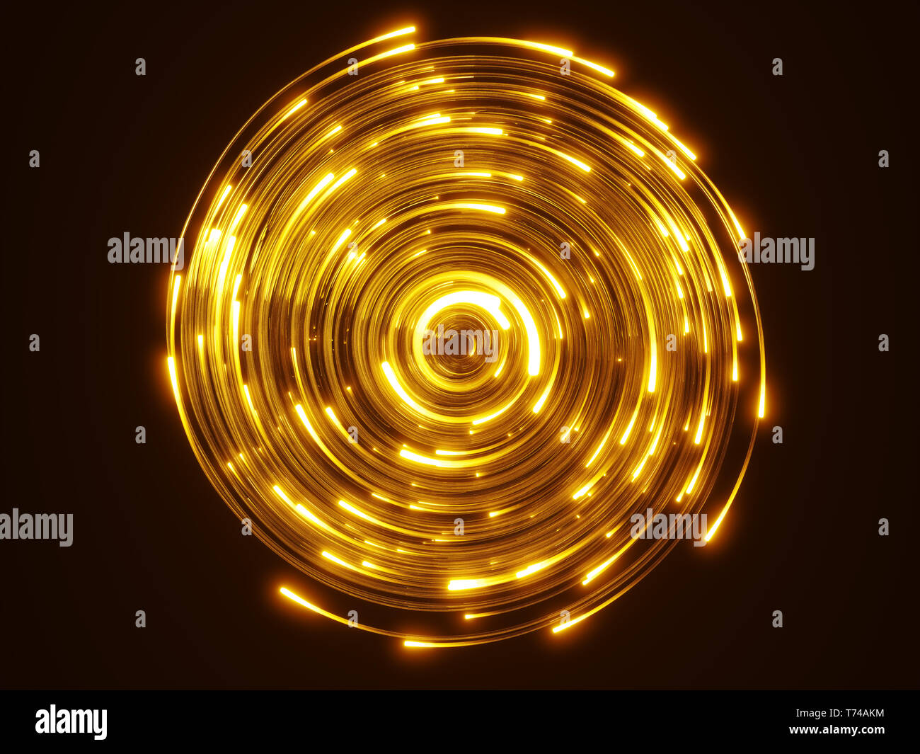 Gelbe Lichtwellenleiter Wirbel. Glas strings leuchten im Dunkeln. 3D-Illustration, oben anzeigen Stockfoto