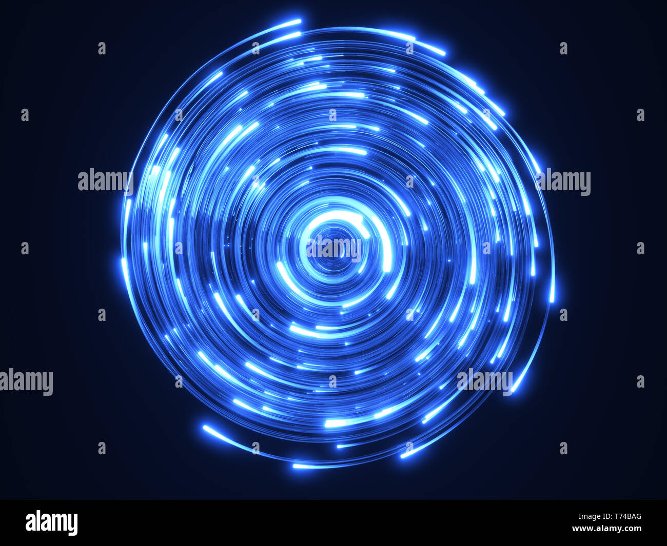 Blau Lichtwellenleiter Wirbel. Glas strings leuchten im Dunkeln. 3D-Illustration, oben anzeigen Stockfoto