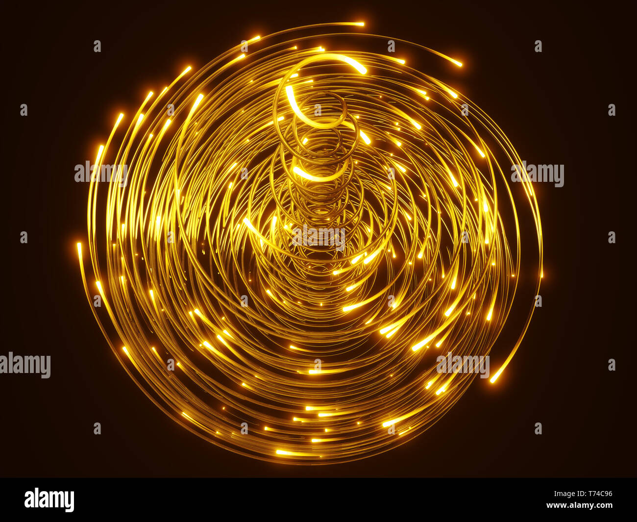 Gelbe Lichtwellenleiter Wirbel. Glas strings leuchten im Dunkeln. 3D-Darstellung Stockfoto