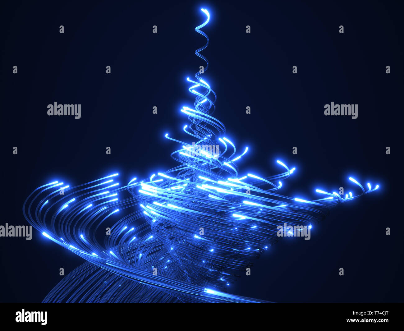 Blau Lichtwellenleiter Wirbel. Glas strings leuchten im Dunkeln. 3D-Illustration, Seitenansicht Stockfoto