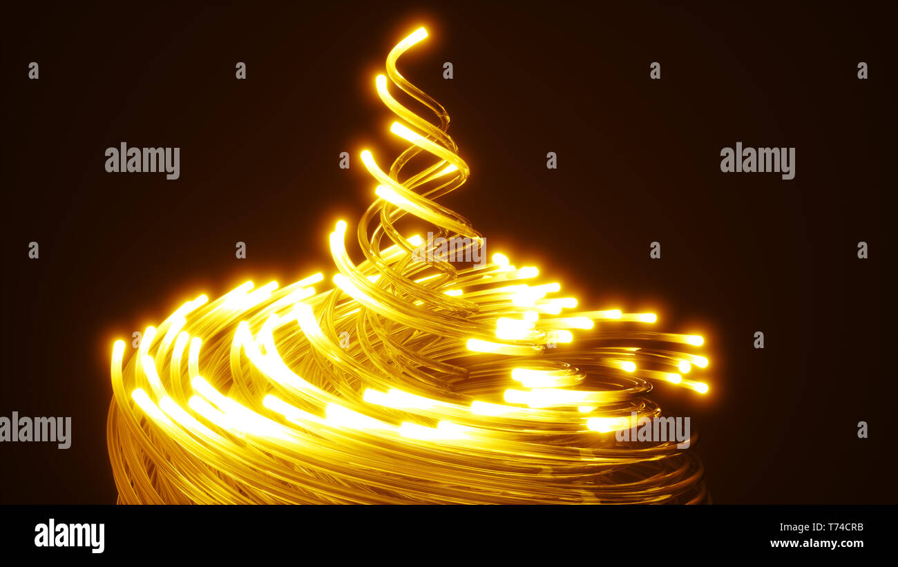 Gelbe Lichtwellenleiter Wirbel. Glas strings leuchten im Dunkeln. 3D-Darstellung Stockfoto