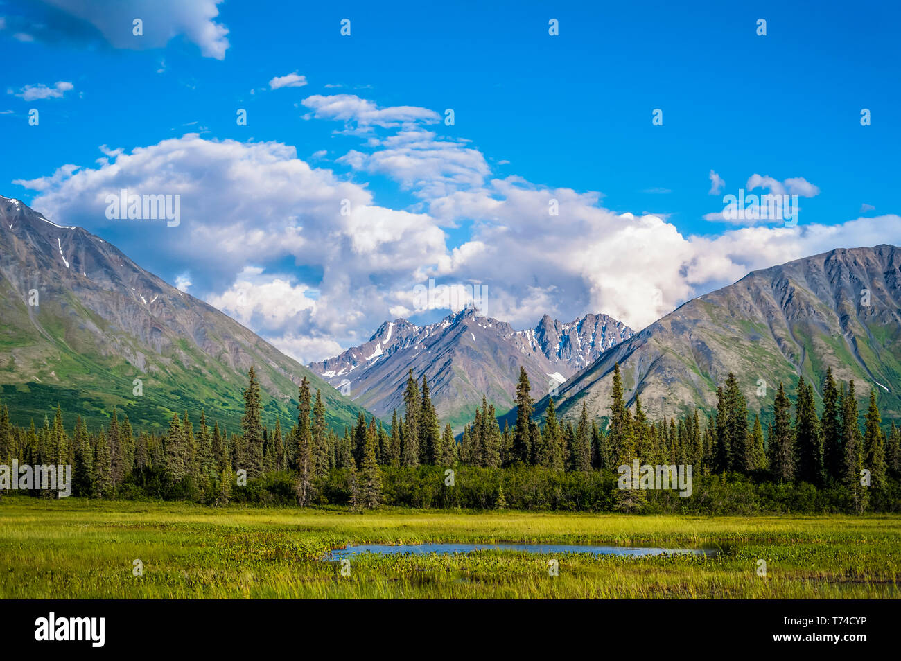 Wolken rollt über Berggipfel in der Talkeetna Range im Süden - zentrales Alaska an einem sonnigen Sommertag, Alaska, Vereinigte Staaten von Amerika Stockfoto