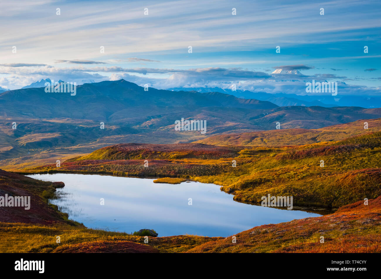 Eine Ansicht von Peters Hills der untergehenden Sonne mit Trennelementen erzeugen Wolken enthüllt 20.320' Mount McKinley mit einem namenlosen See im Vordergrund. Stockfoto