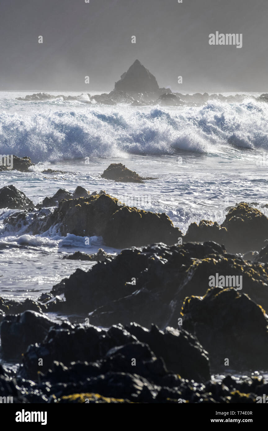 Wellen spritzen, wie sie in der Nähe der Ufer und schroffe Felsen entlang der Südküste brechen; Wellington, Neuseeland Stockfoto