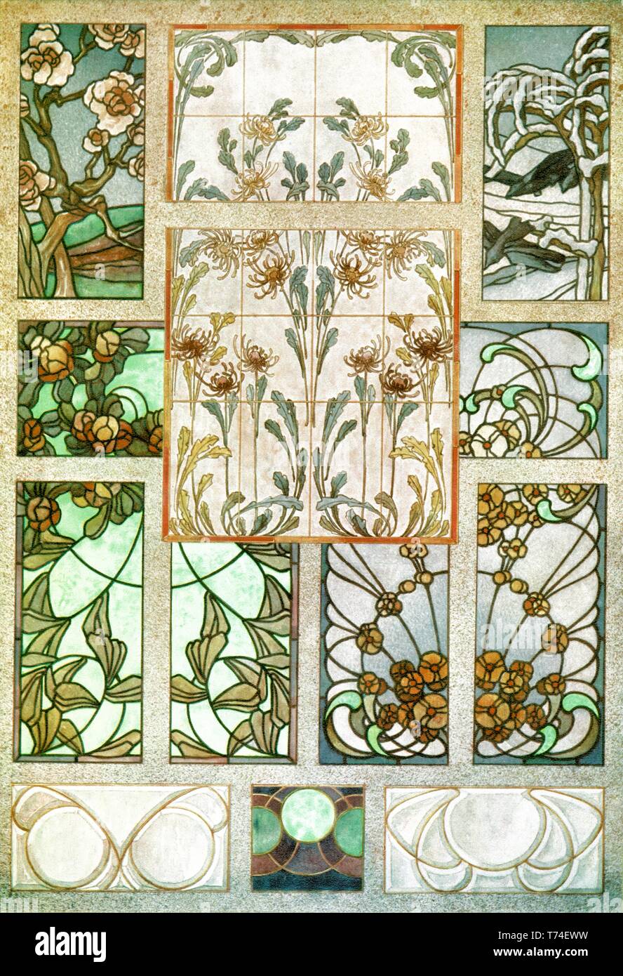 Glasmalerei, 10 Muster: Blumen, Landschaft, abstrakt-Art Nouveau vintage Abbildung durch moderne Glasmalerei 1905 Stockfoto