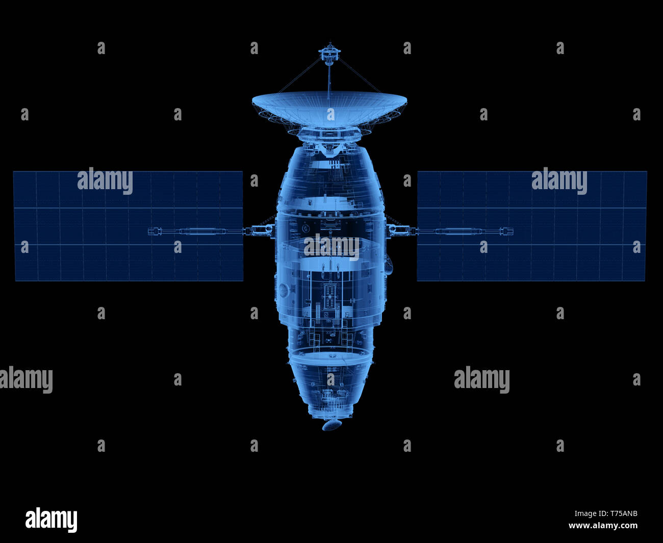 3D-Rendering x-ray Satellitenschüssel mit Antenne auf schwarzem Hintergrund Stockfoto