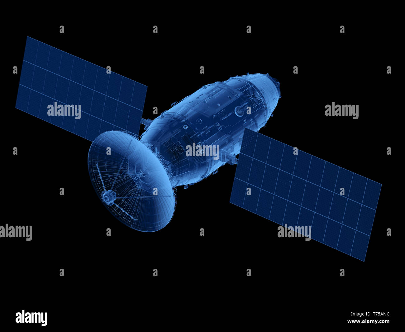 3D-Rendering x-ray Satellitenschüssel mit Antenne auf schwarzem Hintergrund Stockfoto