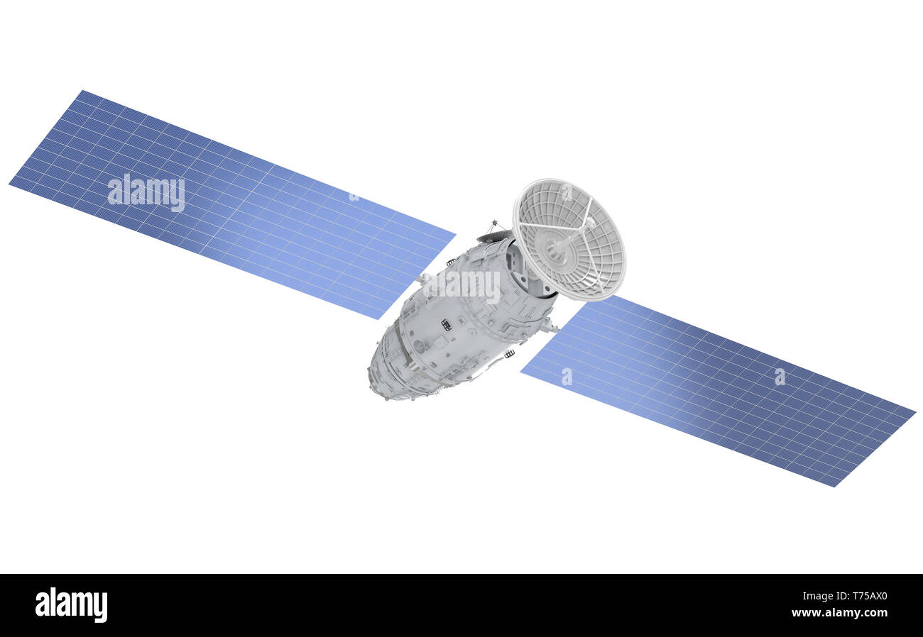 3D-rendering Satellitenschüssel mit Antenne auf weißem Hintergrund Stockfoto