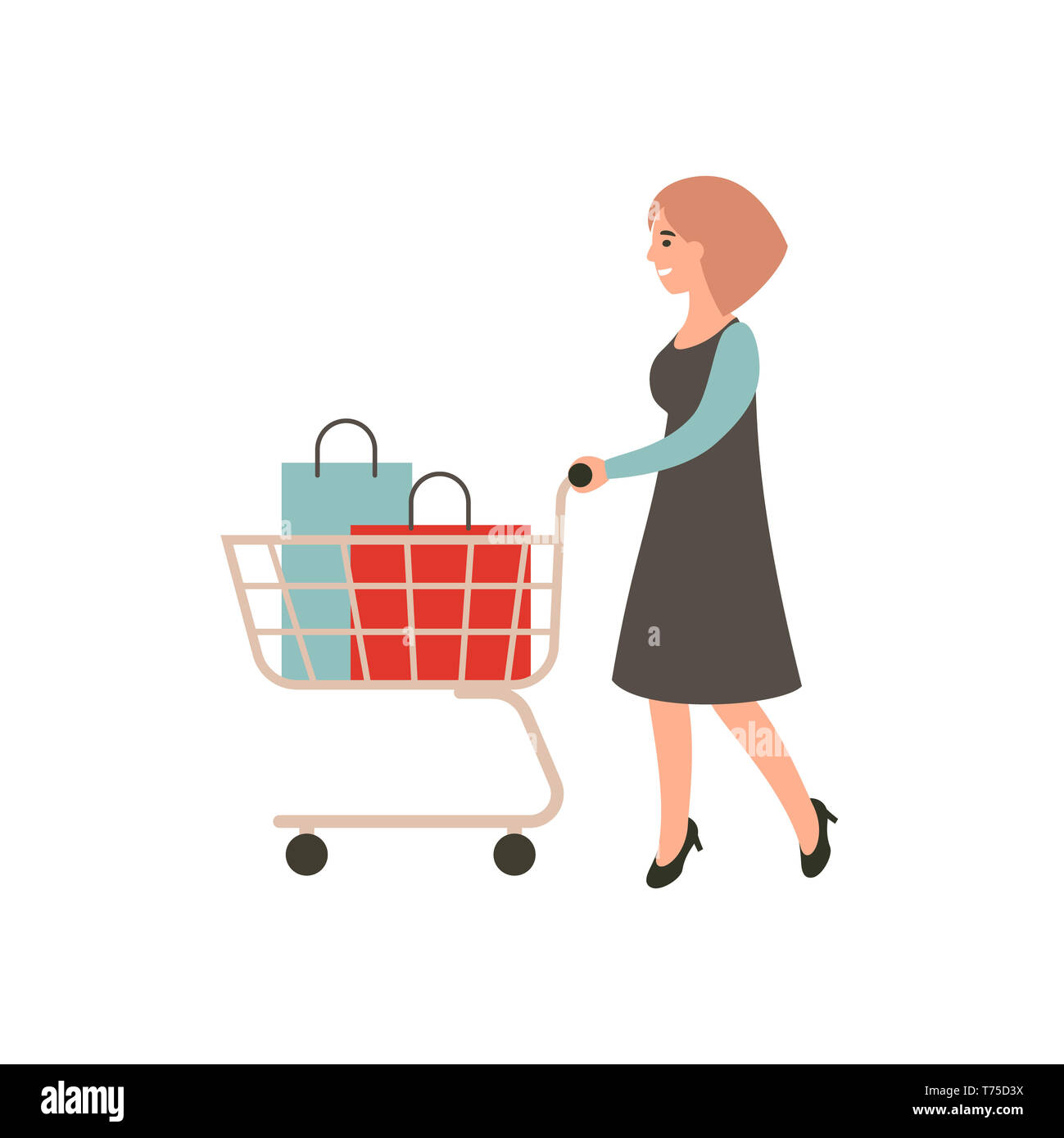 Glückliches Mädchen mit Shopping. Frau mit Warenkorb. Weibliche shopaholic Konzept Kunst Cartoon Character Design. Flache Darstellung Stockfoto