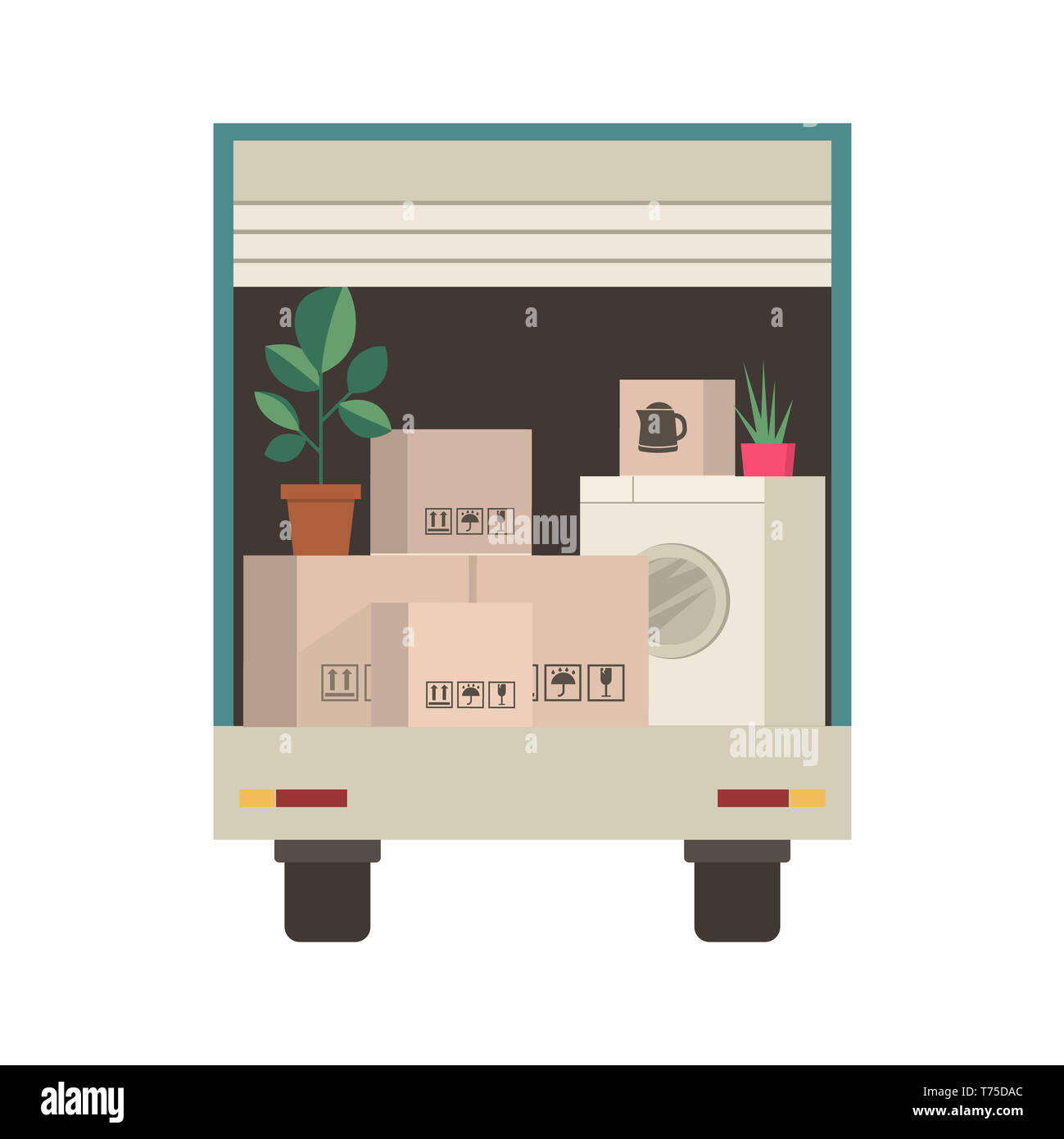 Kartons und verpackt Hausrat in Van - Umzug in ein neues Haus oder Büro. Sachen in Lkw Stockfoto