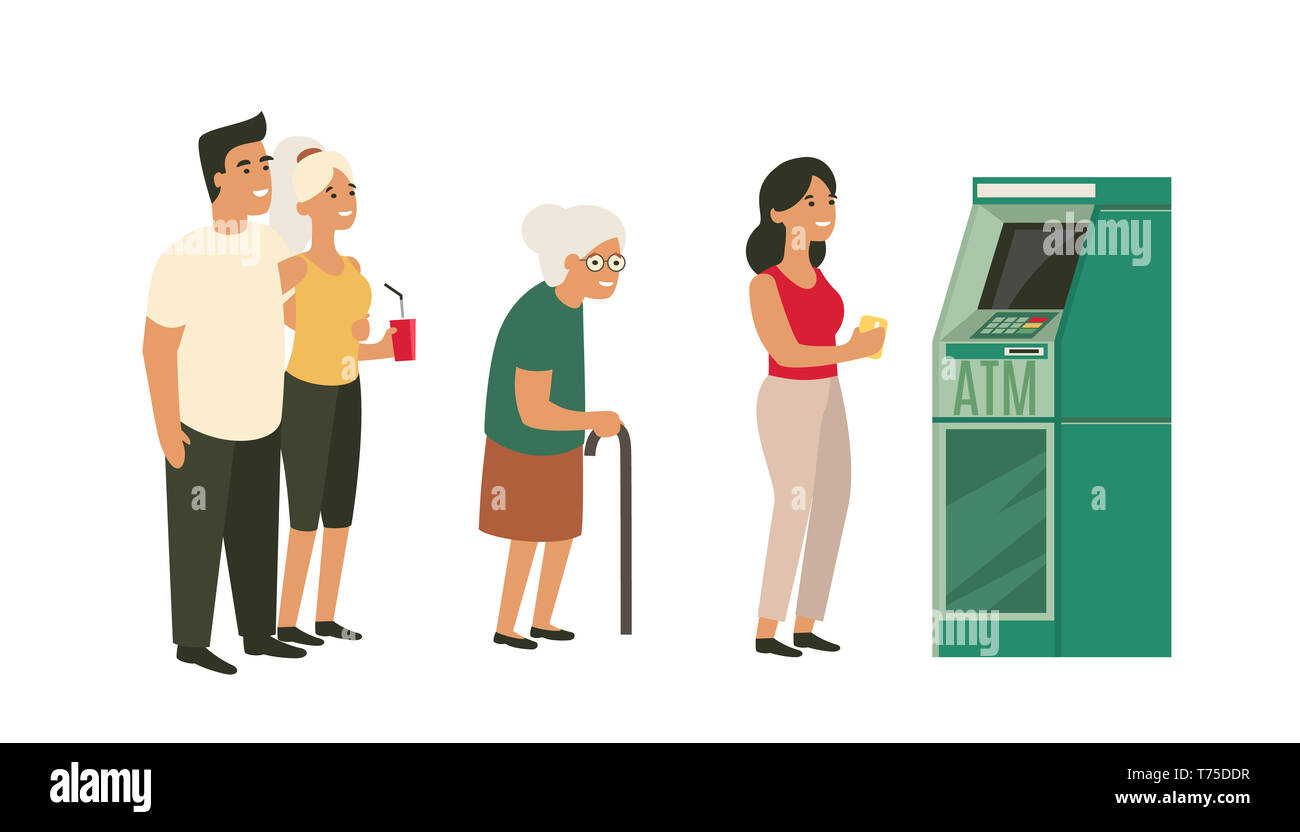 Die Menschen in der Schlange in der Nähe von Geldautomaten. ATM-Aufstellung. Alte Frau, glückliches Paar. Stockfoto Die Menschen in der Schlange in der Nähe von Geldautomaten. ATM-Aufstellung. Alte Frau, glückliches Paar. Stockfoto