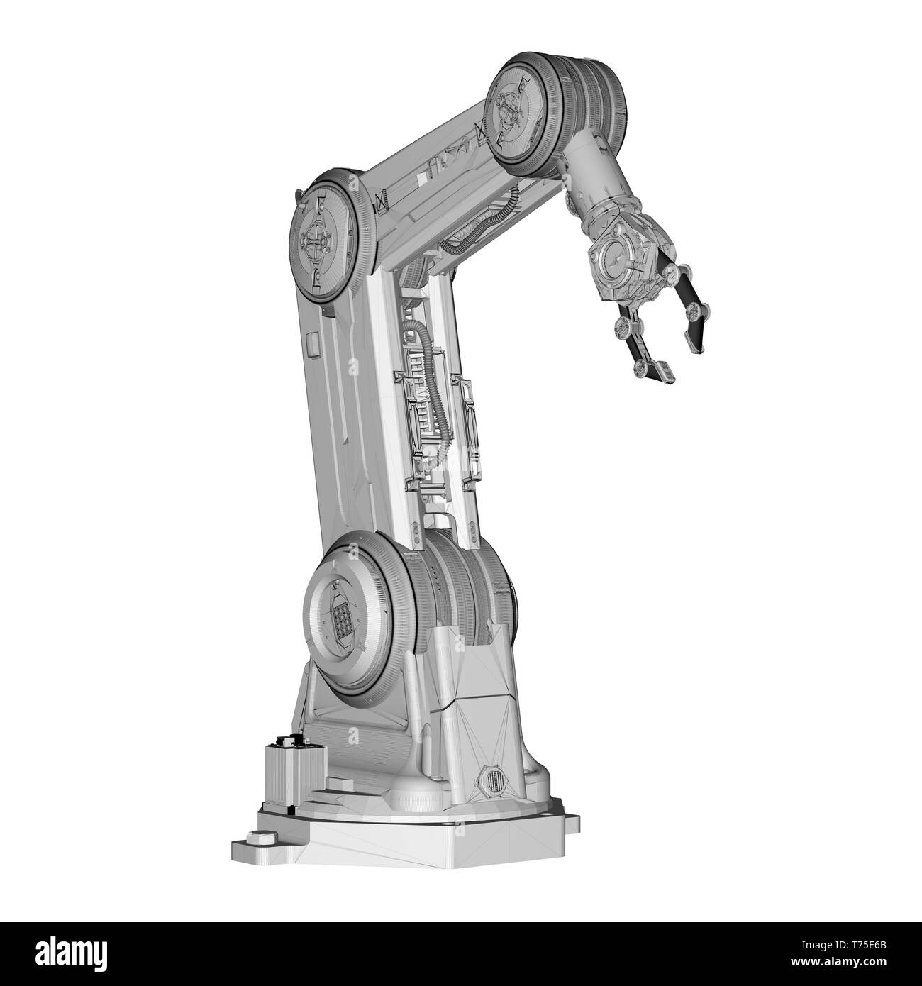 Automation factory Konzept mit 3D-rendering Drahtmodell Roboterarm auf Weiß isoliert Stockfoto