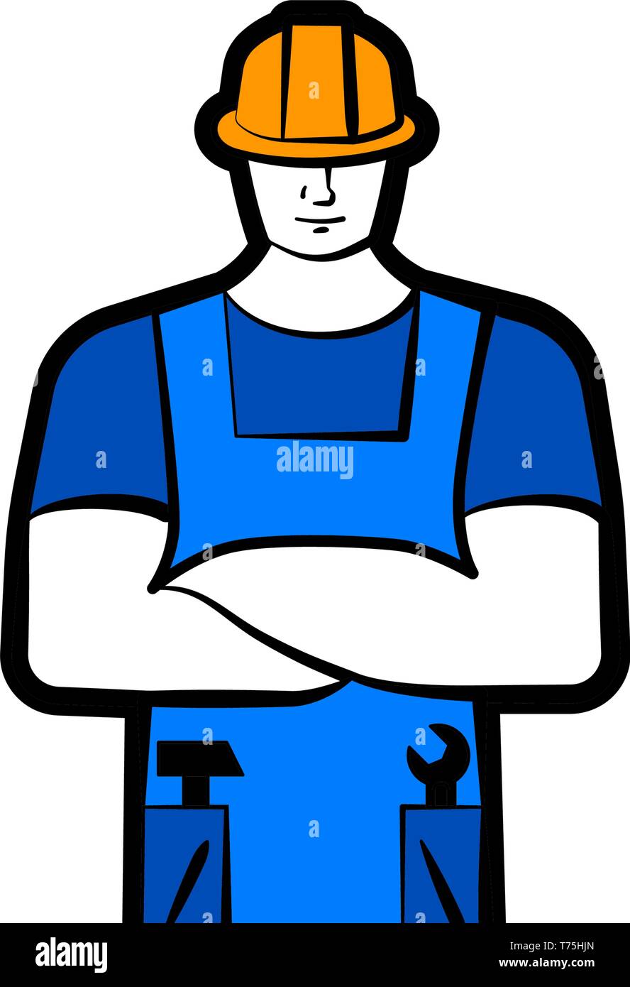 Männliche Arbeiter oder Builder in der Arbeit blau Kleidung und Helm. Arbeitskonzept. Vector Illustration Stock Vektor