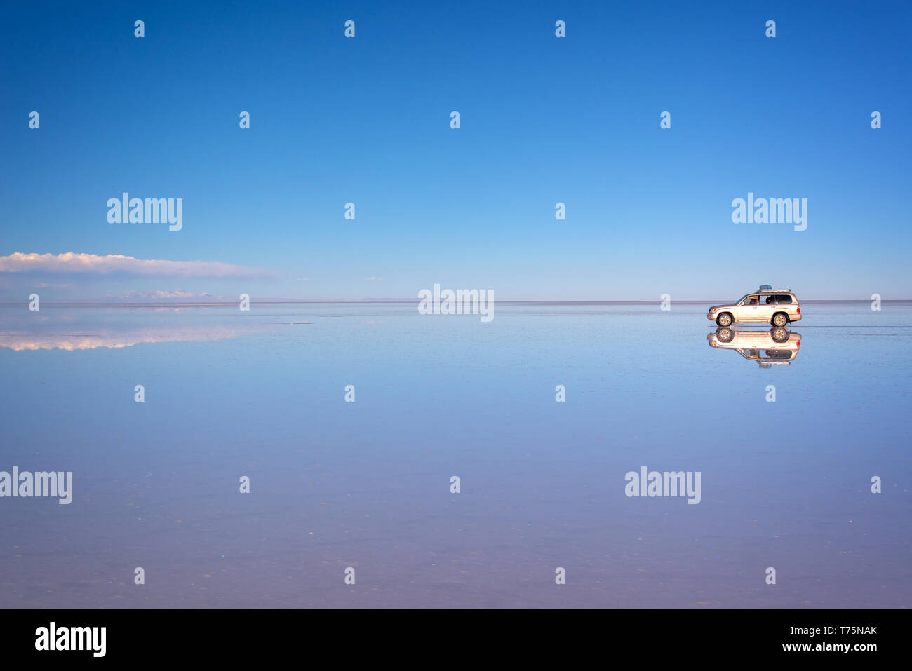 Spiegeleffekt und Reflexionen eines 4x4 Auto im Salar de Uyuni (Uyuni Salzebenen), Potosi, Bolivien, Südamerika Stockfoto