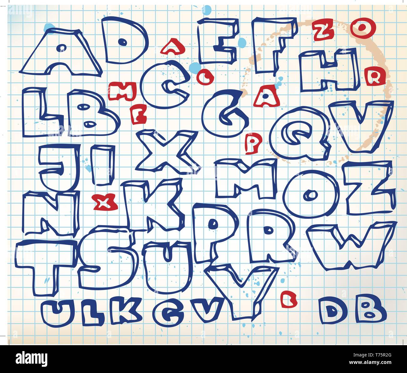 Hand doodle Alphabets auf kariertem Papier gezeichnet Stock-Vektorgrafik -  Alamy