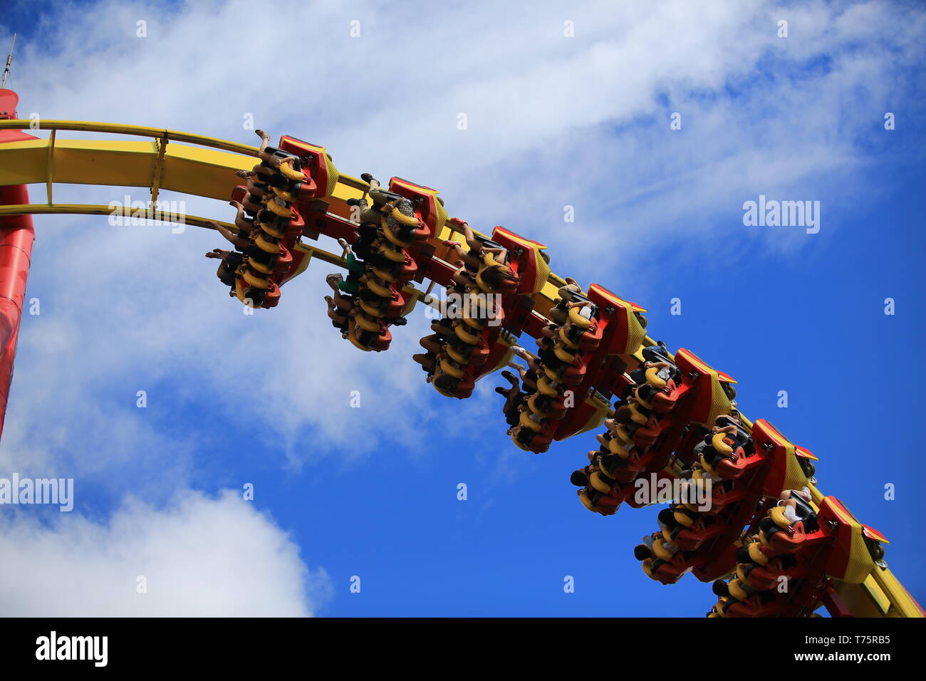 Die Menschen kommen in der Invertierten Achterbahnen die unterhaltung spiel in Ocean Park in Hongkong Stockfoto