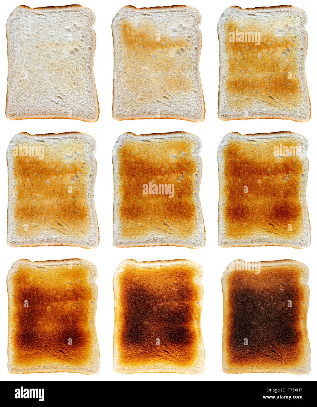 Toast auf verschiedenen Ebenen von sehr hellen verbrannt die Unterschiede zwischen den Menschen Geschmack zu reflektieren und in drei von drei Raster auf einem isolierten arrangiert getan Stockfoto