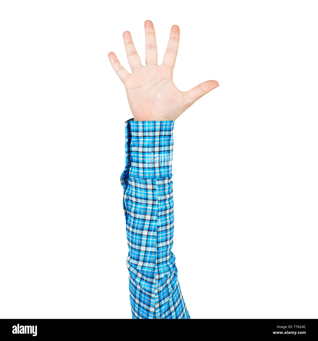 Frau Hand in blau kariertem Hemd palm angezeigt Stockfoto