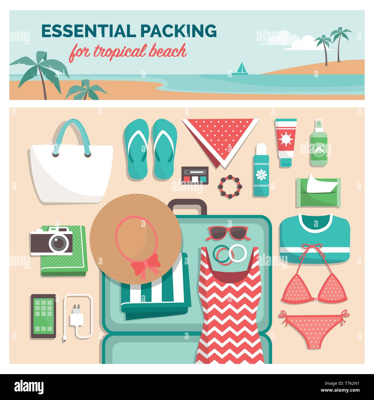 Wesentliche Verpackung für Tropical Beach: Packliste für einen Sommer Reisen Urlaub in exotischen Destinationen mit Koffer und flach Objekte Stock Vektor