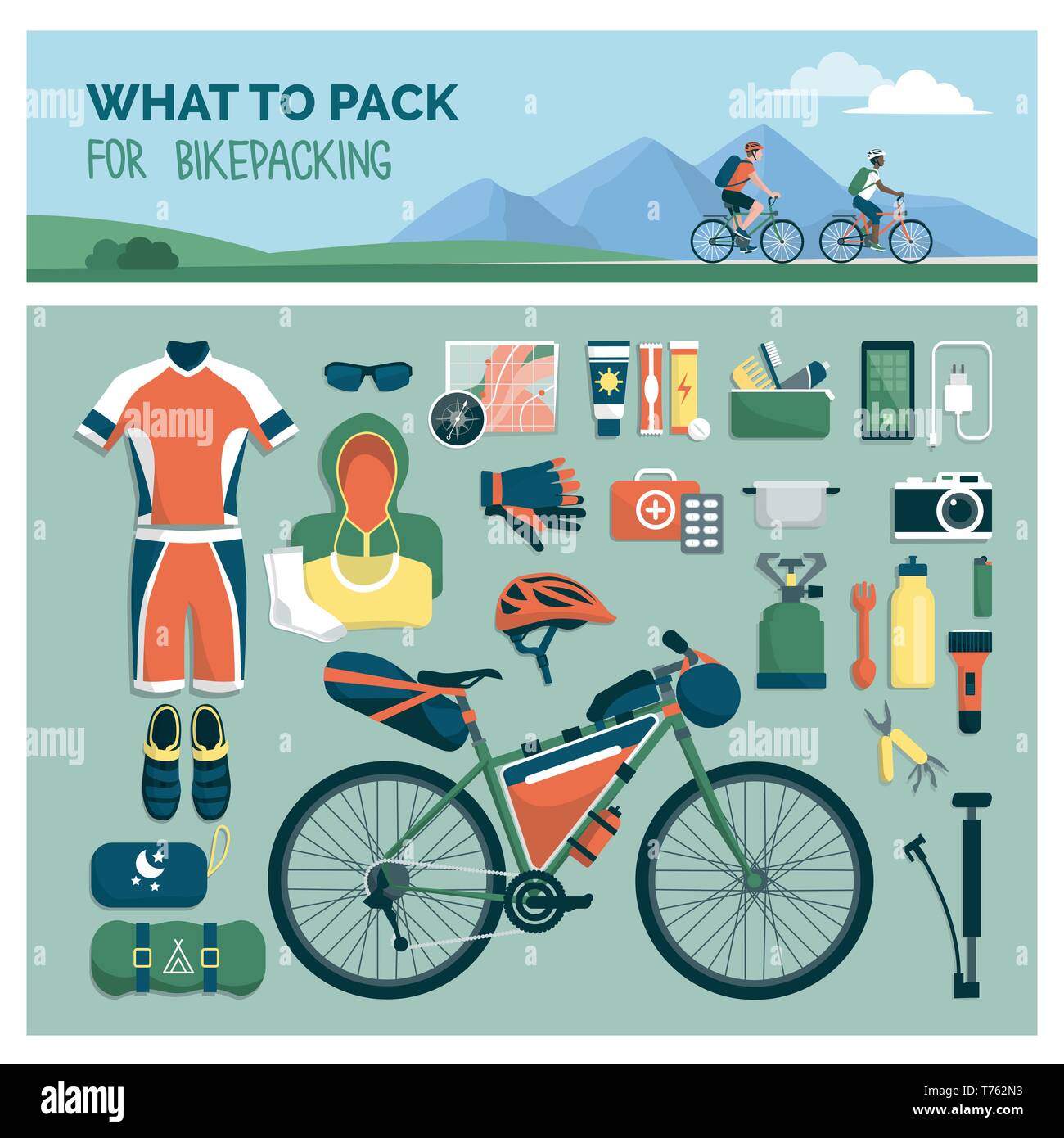 Was Sie einpacken für bikepacking: Sport und Outdoor Travel Gear für Biker, flach Objekte Stock Vektor