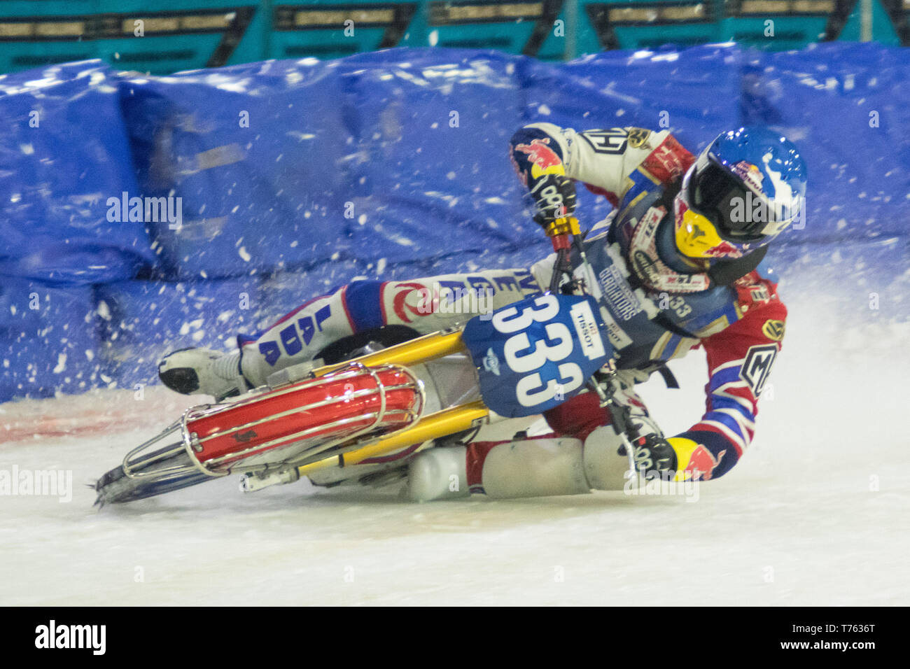 Aktion aus der Endrunde der Welt Eisspeedway-WM in Heerenveen in den Niederlanden mit Russischen, Daniil Iwanow (333) Abschluss 2019 Meister. Mit: Daniil Ivanhov Wo: Heerenveen, Niederlande Wann: 30 Mar 2019 Credit: WENN.com Stockfoto