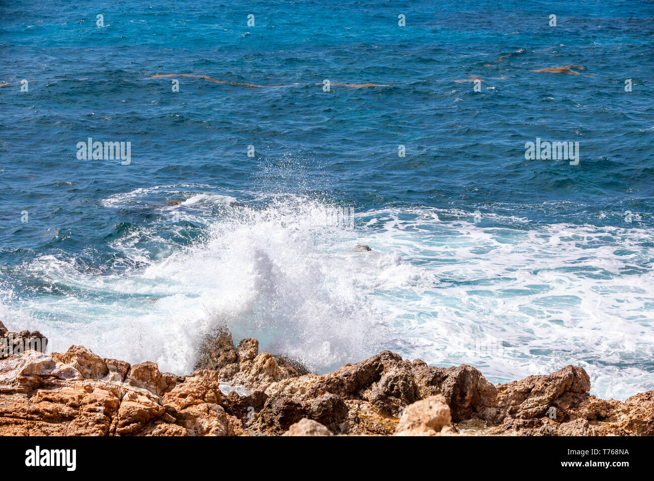 Ozean Wellen, die auf der felsigen Küste von Grand Fond, St. Barts Stockfoto