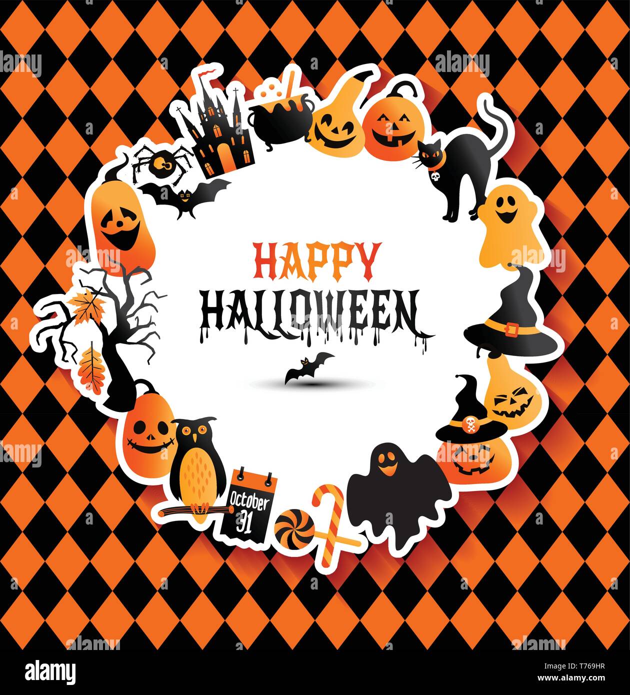 Halloween Banner auf farben Hintergrund. Einladung zur Nacht Party. Vektor Design Template für Halloween Feier mit Symbolen. Satz von Herbst Symbole. Stock Vektor