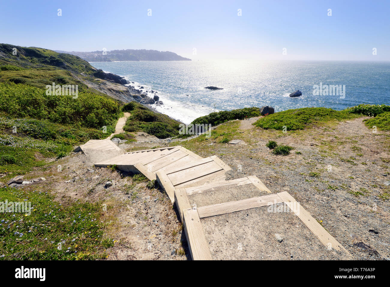 Batterien zu Täuschungen Trail in San Francisco, Kalifornien. Absteigend Schritte durch die gewundenen Pfad, felsige Küstenlinie, Ocean View, Wildblumen, schöne Stockfoto