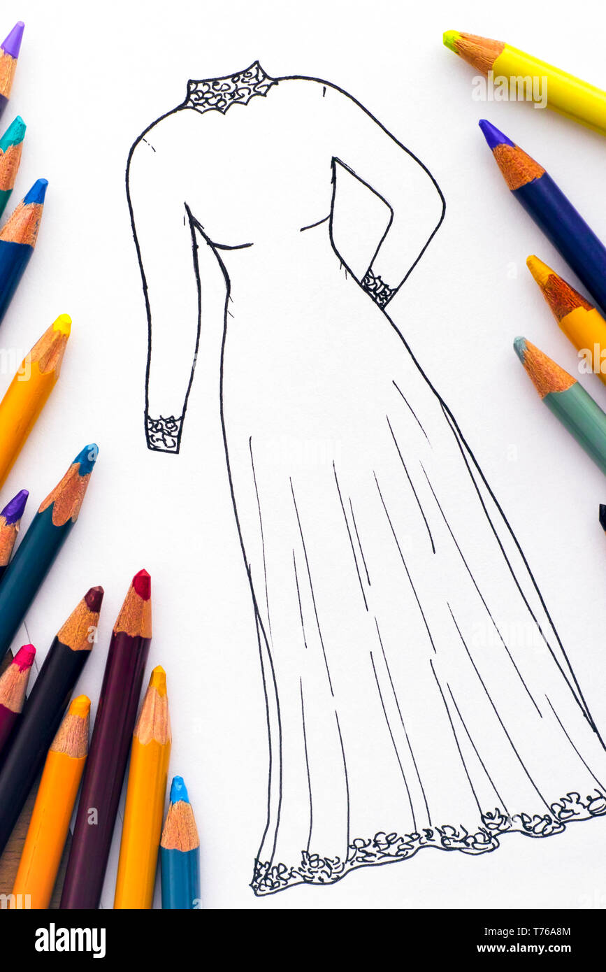 Zeichnung Kleid mit einige Buntstifte. Nahaufnahme Stockfoto Zeichnung Kleid mit einige Buntstifte. Nahaufnahme Stockfoto