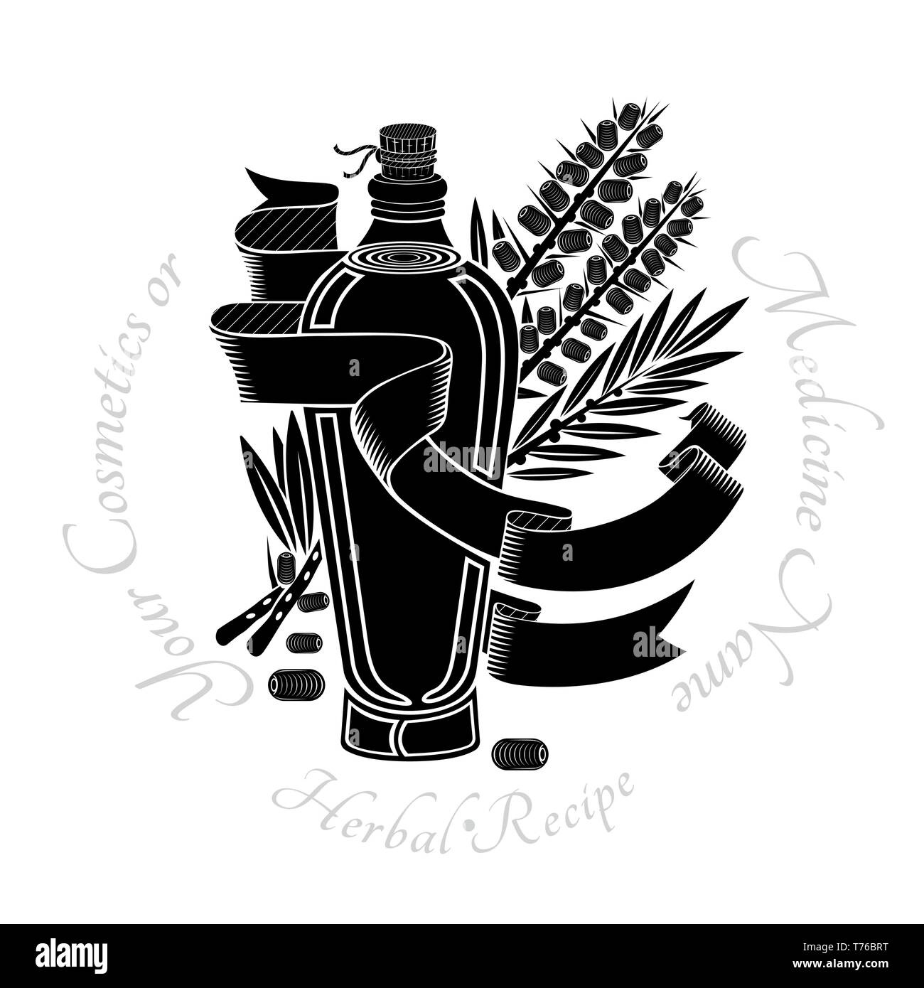 Schwarzer Gravur label für Lebensmittel Medizin oder Kosmetik Produktion isoliert auf Weiss. Glas Flasche Sanddornöl mit Verzweigung und Beeren Stock Vektor