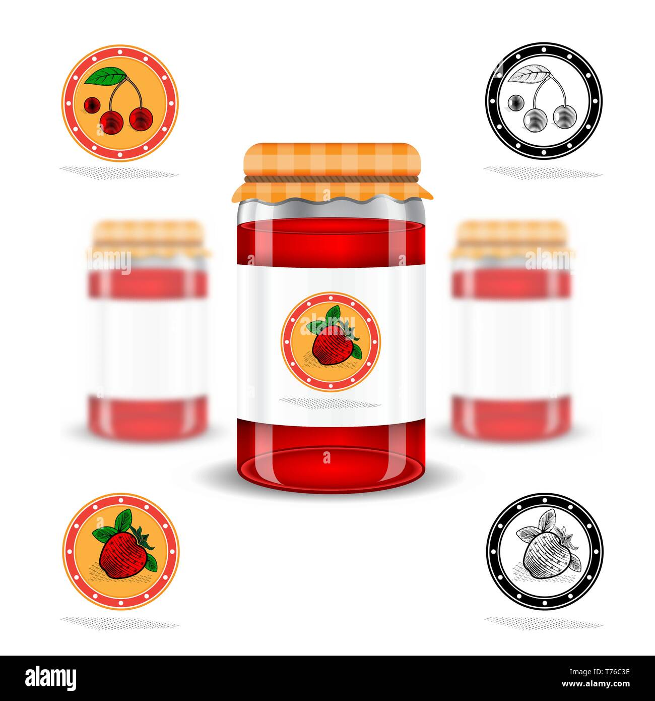 Drei realistische Mock up Glas Glas mit Jam home Erhaltung und Obst Labels auf weißem Hintergrund. Vector Illustration Stock Vektor