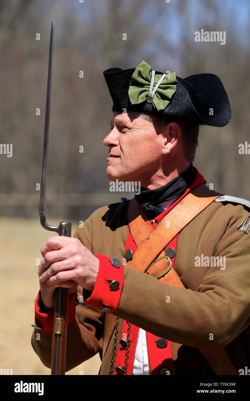 Portrait einer reenactor der amerikanischen Armee in Jockey hohlen Historical Park während Jockey hohlen Encampment Wochenende. Harding. New Jersey USA Stockfoto